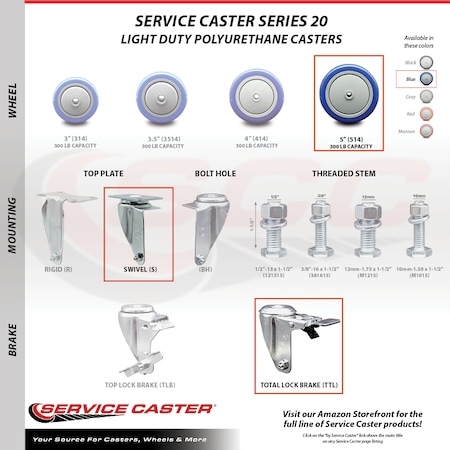 Service Caster Cambro Ultra Pan Carrier Caster with Brakes and 2 Rigid Replacement Set - SCC CAM-SCC-TTL20S514-PPUB-BLUE-2-R-2